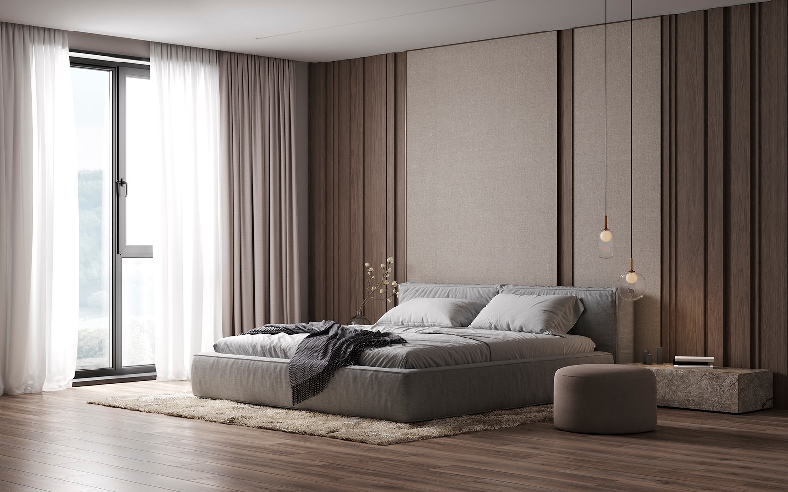 Vorhänge und Teppichboden in einem Schlafzimmer